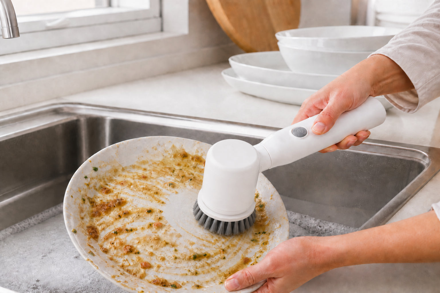 Cleanify Pro scrubbing a dirty plate in the sink